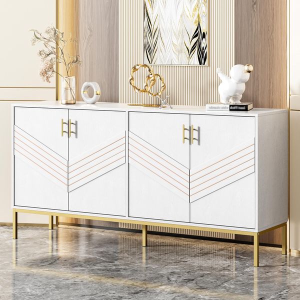 Credenza Merax 160X40X80,5Cm, 4 Ante Con Ripiani Regolabili In Altezza, Cassettiera Da Soggiorno In Mdf Con Gambe In Metallo, Moderna Ed Elegante, Oro Bianco-image