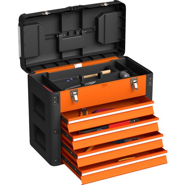 Homcom Cassetta Degli Attrezzi Vuota, 49,7 X 25,3 X 40,7 Cm Cassetta Degli Attrezzi Con 4 Cassetti, Mini Box, Scomparto Superiore, Maniglia, Cassetta Degli Attrezzi In Acciaio, Arancione-image
