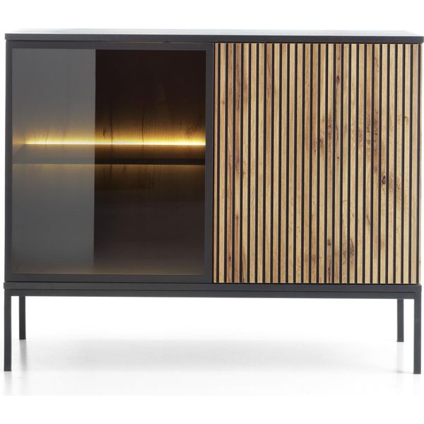 Cassettiera Moderna Stretta Con Frontale A Coste, 104×83×39 Cm, Nero / Rovere Wotan-image