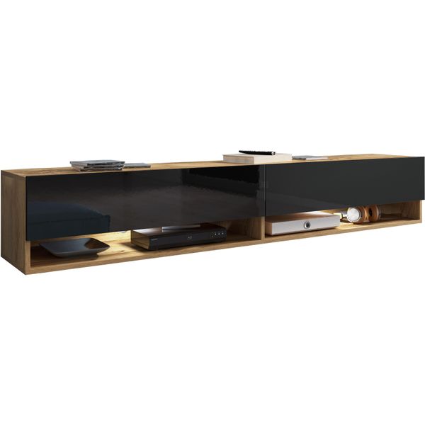 Minio Go For It, Mobile Tv, Lavagna Tv, "Anne"", 180 Cm, In Piedi, Sospeso, Con Illuminazione Led, Colore Rovere Wotan/Nero Lucido"-image