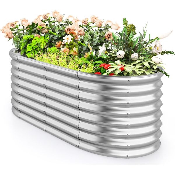 Costway Letto Rialzato Ovale In Metallo, Fioriera, 165X80X60Cm, Struttura Fredda Con Base Aperta, Ferro Ondulato, Aiuola Resistente Alle Intemperie, Mangiatoia Per Piante, Argento-image