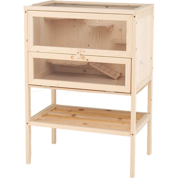 Gabbia Per Criceti In Legno Costway, Gabbia Per Piccoli Animali Con Rampa, Tetto A Cerniera In Rete, Porta E Ripiano Con Serratura, Gabbia Per Criceti A Più Livelli, 60X40X80Cm, Natura-image
