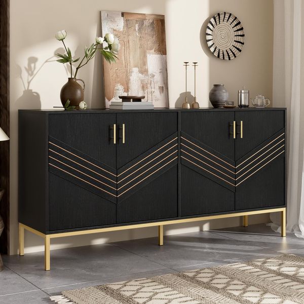 Credenza Merax 160X40X80,5Cm, 4 Ante Con Ripiani Regolabili In Altezza, Cassettiera Da Soggiorno In Mdf Con Gambe In Metallo, Moderna Ed Elegante, Oro Nero-image