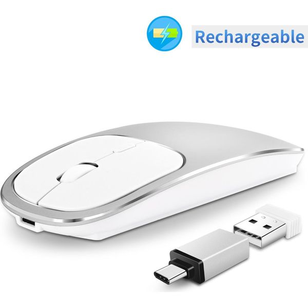 Inf Mouse Ottico Wireless Silenzioso: Bluetooth 5.0 + 2.4G, 6 Tasti, Nero D'argento-image