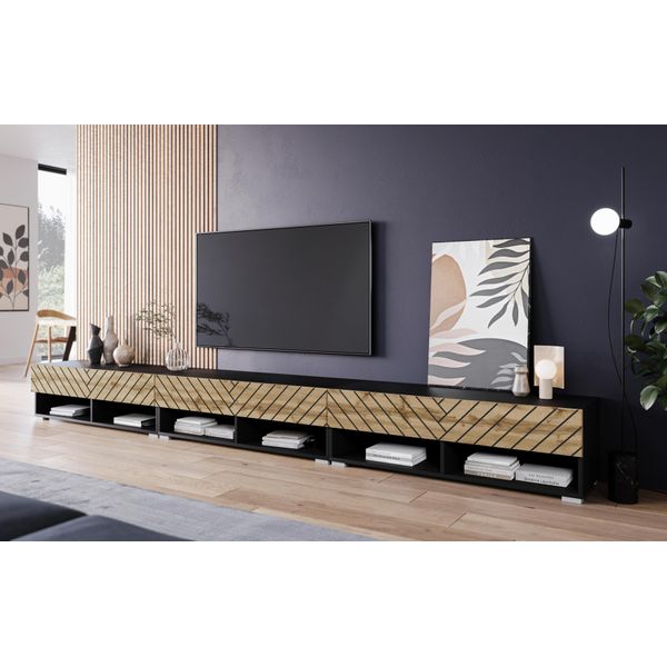 Minio Go For It, Mobile Tv Basso "Anne"", 300 Cm, Con Ante In Mdf, Senza Illuminazione Led, Colore Nero Opaco/Rovere Wotan Con Motivo A Spina Di Pesce 3D"-image