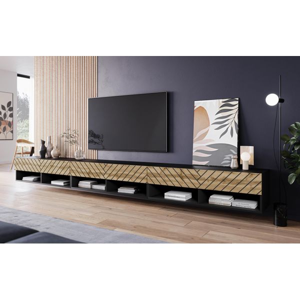 Minio Go For It, Mobile Tv Basso "Anne"", 300 Cm, Con Ante In Mdf, Con Illuminazione Led, Colore Nero Opaco/Rovere Wotan Con Motivo A Spina Di Pesce 3D"-image