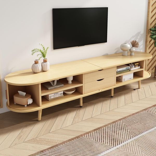 Merax Tv Lowboard 175 Cm Con 2 Cassetti E Ante Scorrevoli, Design Ovale Per Tv Fino A 75 Pollici, Mobile Tv Con Piedini Regolabili In Altezza, Finitura Naturale Opaca-image