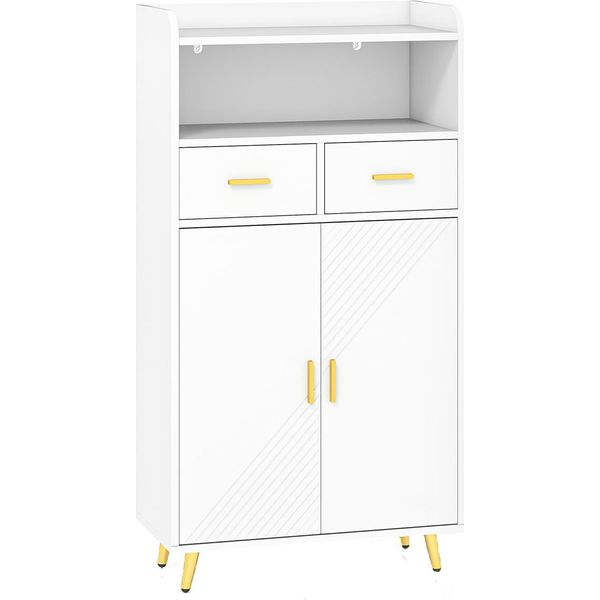 Costway Armadio Multiuso Con Doppia Anta, 2 Cassetti, Ripiano, Armadio Da Soggiorno In Legno, Armadio Da Cucina, Armadio Portaoggetti, 60X30X113Cm, Bianco-image