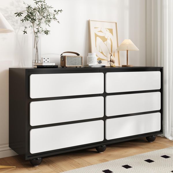Credenza Merax Con Robusti Piedini In Metallo, Elegante Cassettiera Con Sei Cassetti, Ampio Spazio Di Archiviazione, Angoli Arrotondati, Bianco E Nero-image