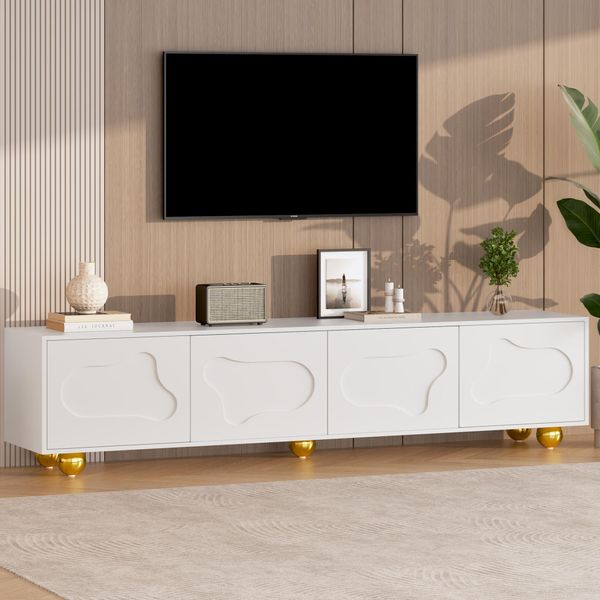 Mobile Tv Merax 180 Cm Bianco Con Design Cloud, Mobile Tv 180 Cm Per 75 Pollici, Mobile Tv Basso Con 4 Ante, Portata 65 Kg, Spazio Di Archiviazione Giocoso-image