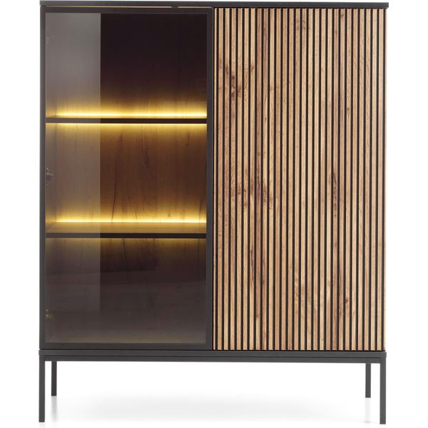 Vetrina Bassa Moderna Con Frontale Nervato, 104×126×39 Cm, Nero / Rovere Wotan-image