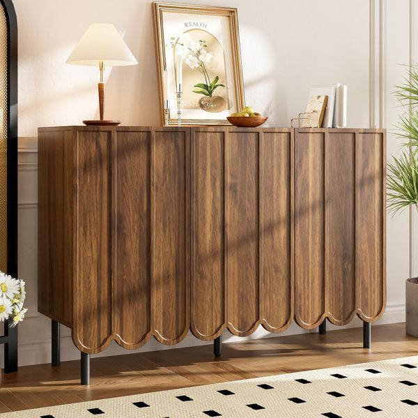 Credenza Moderna Merax Senza Maniglie Con Ante A Onda, 120X35X80Cm, Cassettiera Con Ripiani Regolabili, Gambe Regolabili In Altezza, Mdf E Piedi In Metallo, Noce-image