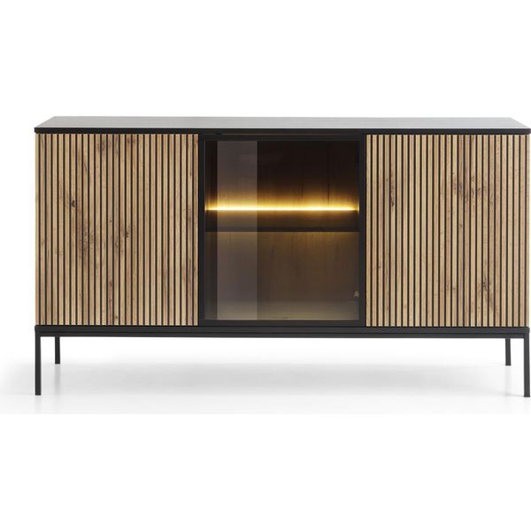 Cassettiera Moderna Ampia Con Ante E Frontale Rigato 154×83×39 Cm, Nero / Rovere Wotan-image