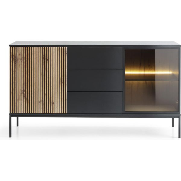 Cassettiera Moderna Ampia Con Frontale A Coste 154×83×39 Cm, Nero / Rovere Wotan-image