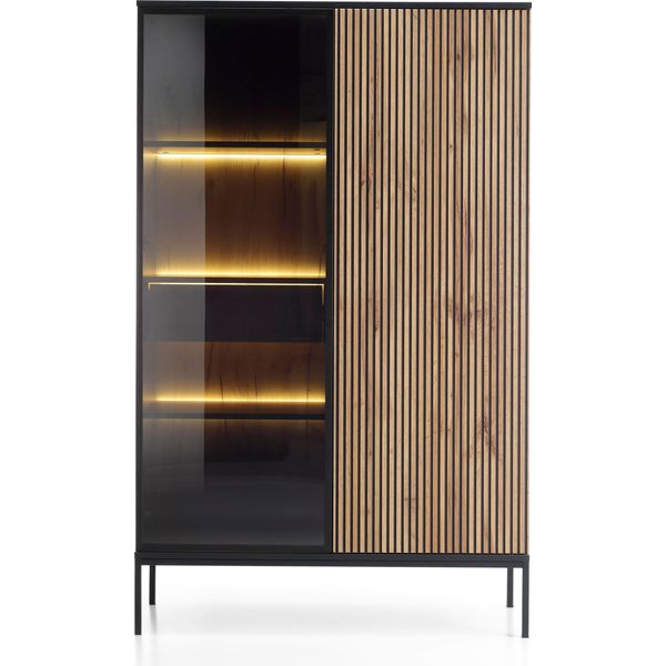 Vetrina Moderna Alta Con Frontale Nervato, 104×166×39 Cm, Nero / Rovere Wotan-image