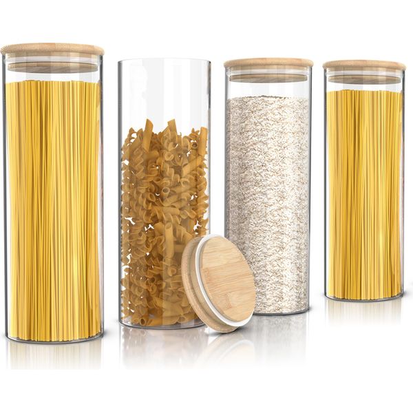 Arendo Barattoli Per La Conservazione, Set Di Barattoli In Vetro 4X 2,2 L In Vetro Borosilicato Con Coperchio In Bambù, Ermetici, Set Di 4, Resistenti Al Calore, Ecologici, Durevoli, Adatti Al Microonde-image