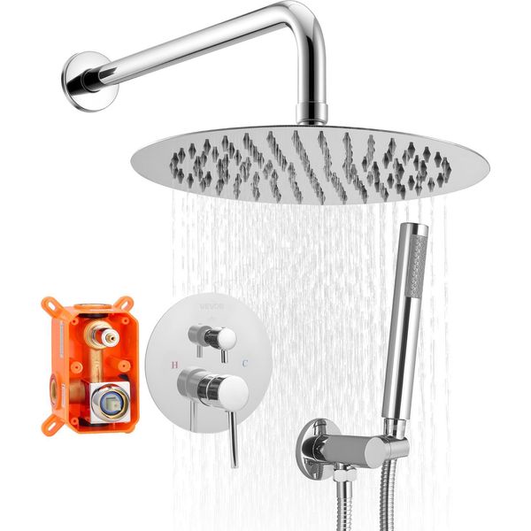 Vevor Sistema Doccia A Pioggia Per Il Bagno Sistema Doccia Con Soffione A Pioggia Rotondo Da 254 Mm E Doccetta, Rubinetteria A Parete Per Il Bagno Con Valvola In Ottone E Set Decorativo, Argento Cromato-image