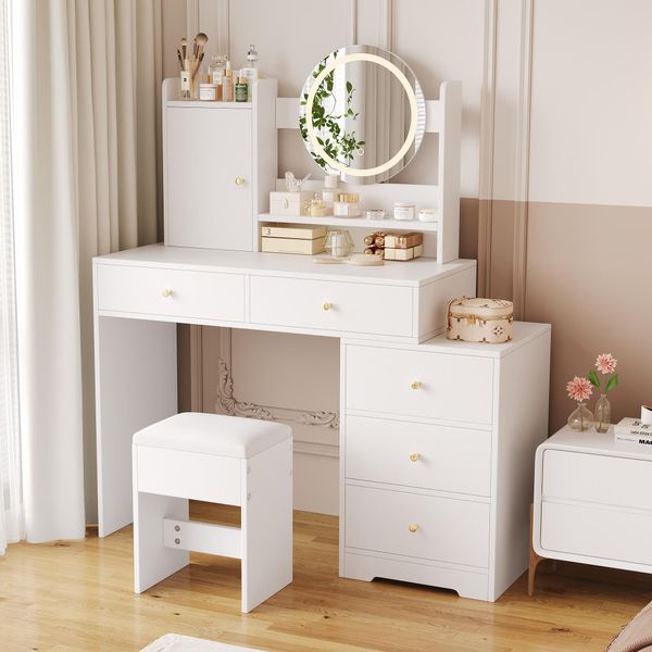 Merax, Tavolo Da Toilette Con Specchio, Illuminazione Led, Luminosità Regolabile, Cassettiera Per Il Trucco Con 5 Cassetti, Sgabello, Tavolo Cosmetico, Bianco-image