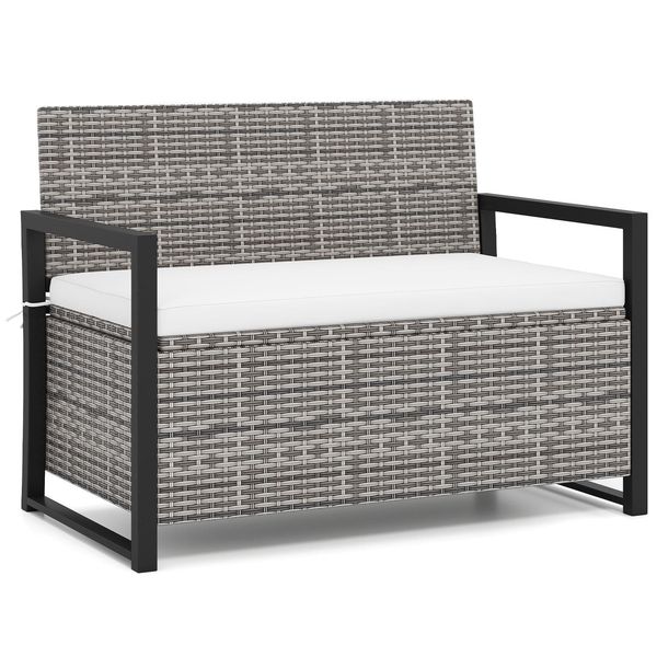 Costway Panca Da Giardino A 2 Posti Con Vano Portaoggetti E Cuscino Di Seduta, Panca Da Balcone Resistente Alle Intemperie, Panca In Polyrattan Fino A 360 Kg, Panca Da Patio 117X62X85Cm-image