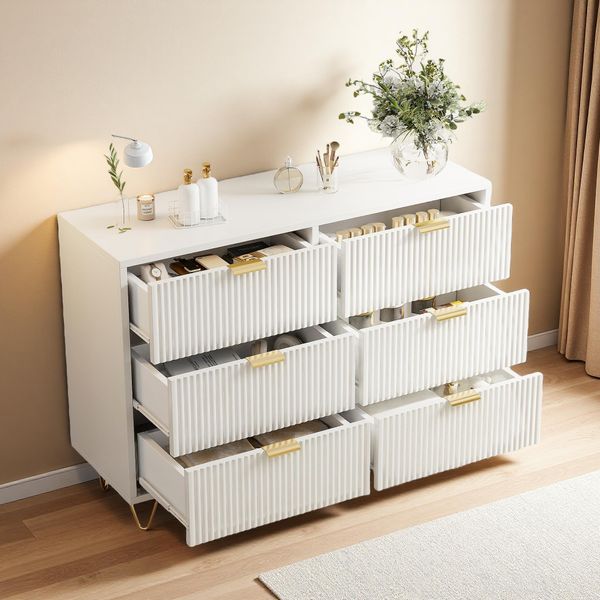 Cassettiera Proximax Con 6 Cassetti, Bianca, Design Moderno Con Maniglie Dorate, Mobile Credenza Per Camera Da Letto E Soggiorno-image