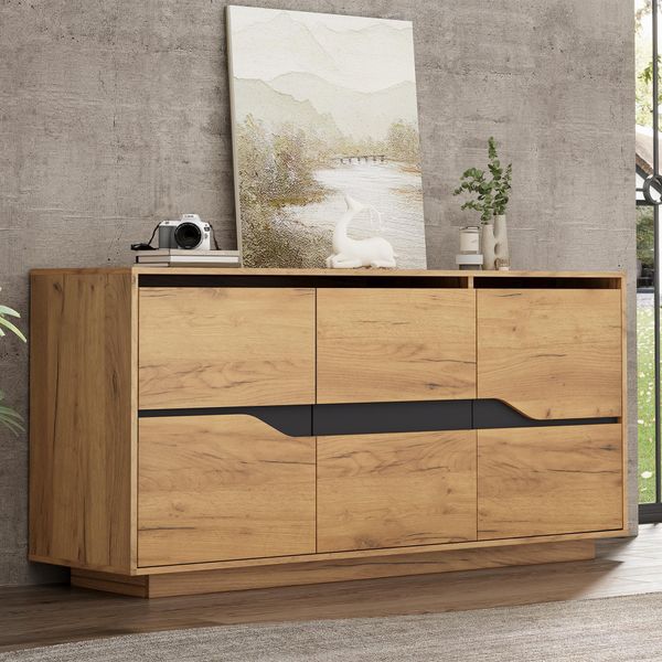 Credenza Merax 140 Cm Con 3 Ante E Ripiani Regolabili, Cassettiera Con Design A Blocchi Di Colore, Illuminazione A Led App, Aspetto Legno E Nero-image