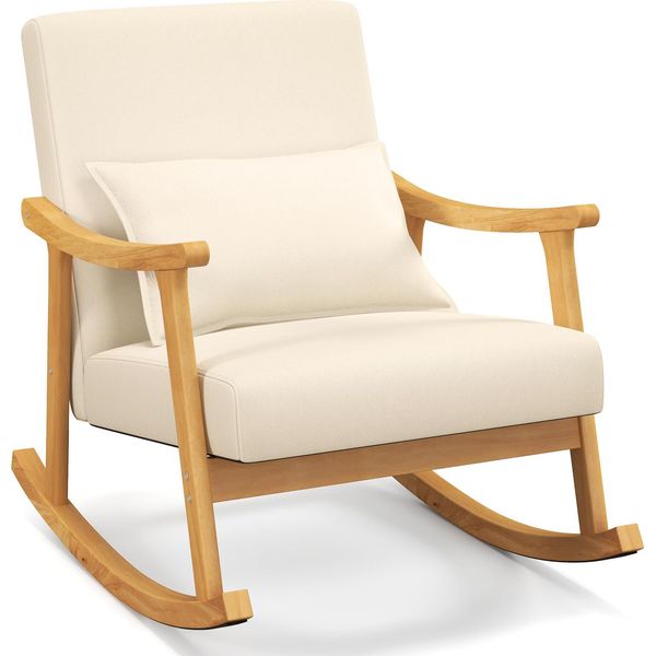 Costway 78X66X83Cm Sedia A Dondolo In Legno, Poltrona, Sedia Lounge Imbottita Con Braccioli, Schienale E Cuscino Di Seduta, Sedia A Dondolo, Beige-image