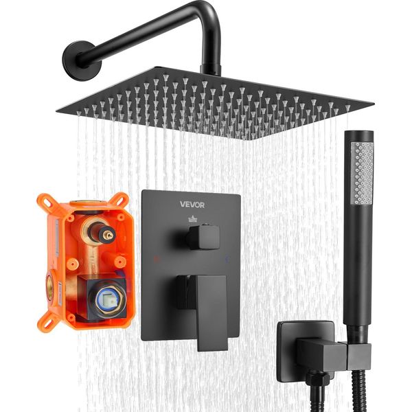 Vevor Miscelatore Doccia A Pioggia Per Il Bagno Sistema Doccia Con Soffione A Pioggia Quadrato Da 254 Mm E Doccetta, Rubinetteria A Parete Per Il Bagno Con Valvola In Ottone E Set Decorativo, Nero Opaco-image