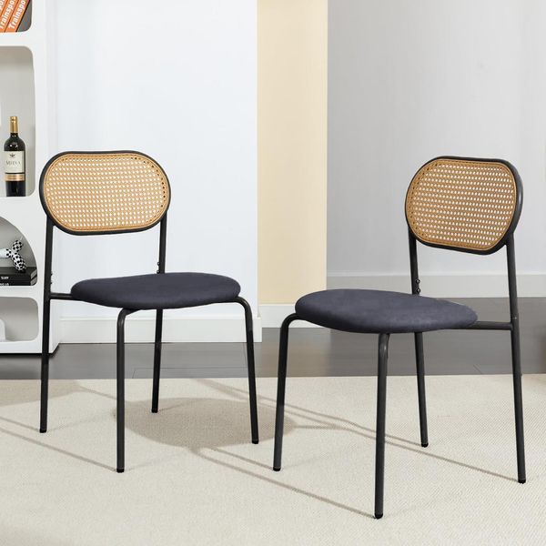 Set Di 2 Sedie Da Pranzo In Rattan, Con Schienale In Rattan, Senza Braccioli, Imbottite, Nero-image