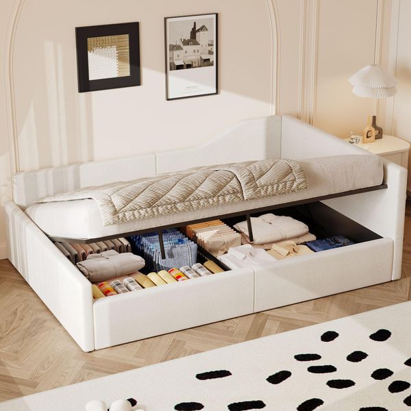 Divano Letto Merax 140X200Cm, Letto Imbottito Con Supporto Idraulico, Rete A Doghe, Schienale, Letto Da Giorno In Lino, Beige-image