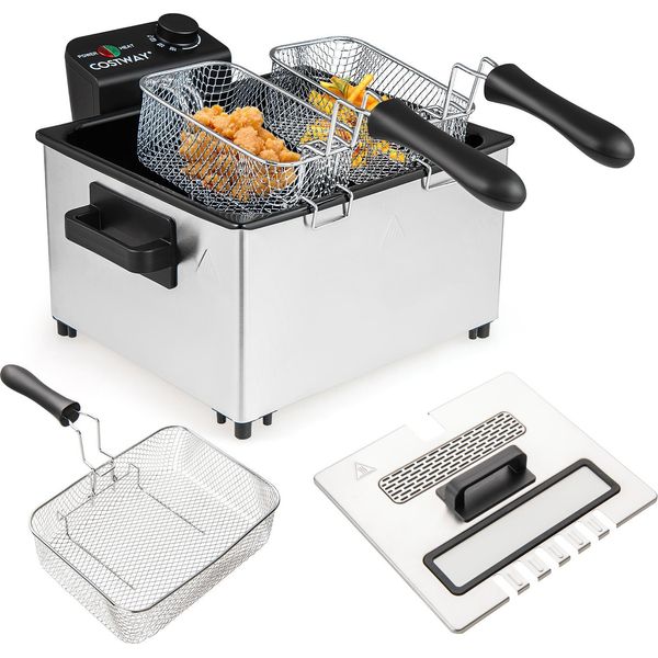 Costway 2000W Friggitrice Elettrica Ad Olio, Friggitrice Da 5L In Acciaio Inox, Friggitrice Con 3 Cestelli Per Frittura, Temperatura Regolabile E Coperchio Con Finestra Di Visualizzazione-image