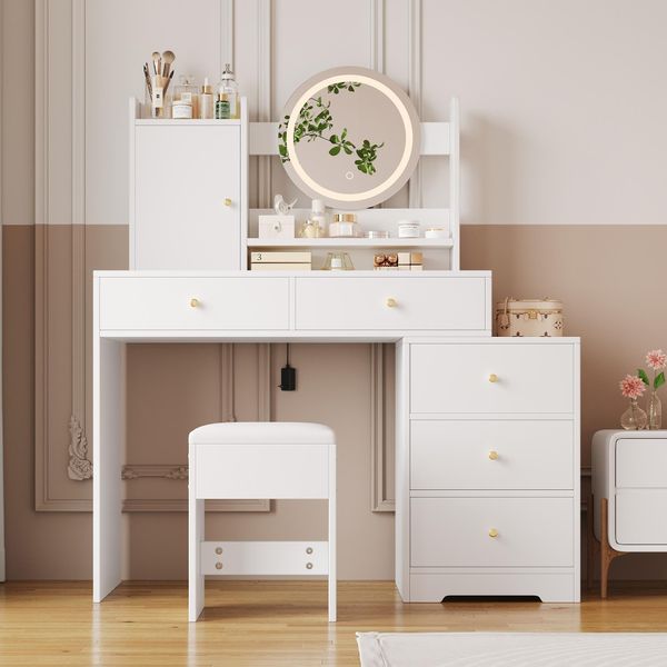 Flieks Tavolo Da Toilette Con Sgabello E Specchio, Tavolo Da Trucco Con Armadietto E Spazio Di Archiviazione, Specchio Con Led, 120X40X132 Cm, Bianco-image
