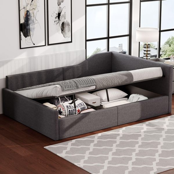 Divano Letto Merax 140X200Cm, Letto Imbottito Con Supporto Idraulico, Rete A Doghe, Schienale, Letto Da Giorno In Lino, Grigio-image