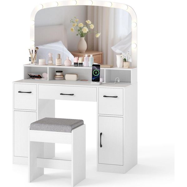 Set Tavolo Da Trucco Costway Con Sgabello Per Il Trucco, Specchio Led A 3 Colori, Stazione Di Ricarica, 3 Cassetti E 2 Armadietti, Tavolo Cosmetico 108X40X149Cm-image