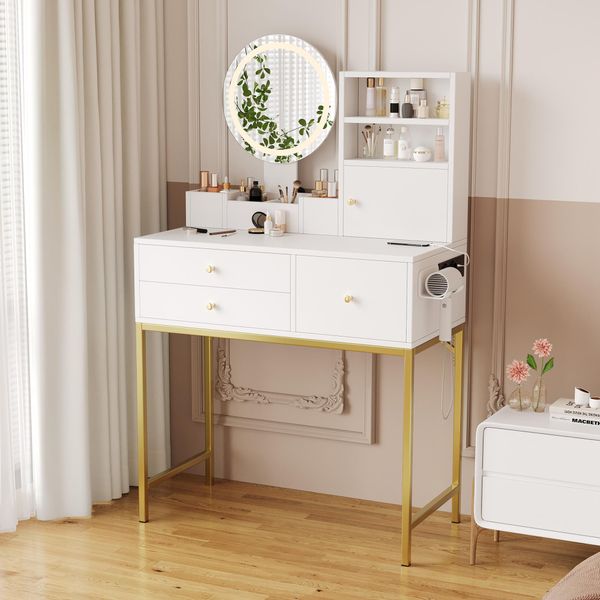 Tavolino Da Toilette Merax Con Specchio, Illuminazione Led, Luminosità Regolabile, 3 Cassetti, Porta, Usb, Type-C, Supporto Per Asciugacapelli, Tavolo Per Cosmetici, Bianco-image