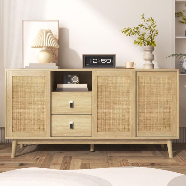 Credenza Merax 155 Cm Con Ante Scorrevoli In Rattan, Cassettiera Con Cassetti E Scomparti, Vano Portaoggetti, Piedi In Legno Massiccio, Noce Naturale, Soggiorno Sala Da Pranzo Corridoio-image