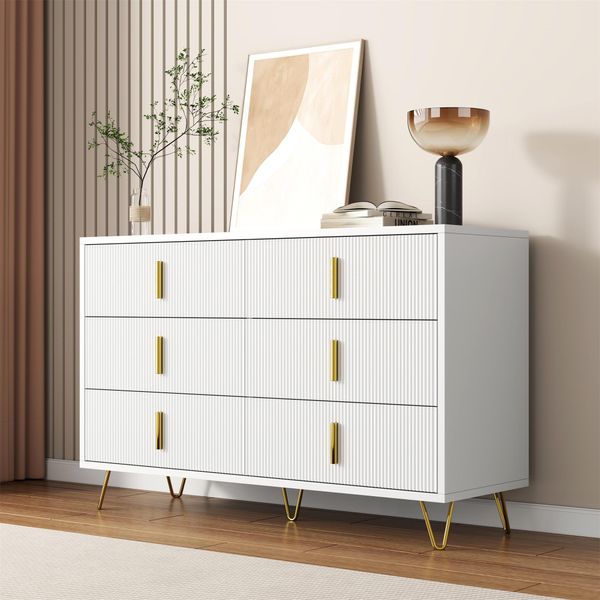Cassettiera Merax 120 Cm Con 6 Cassetti, Credenza Portaoggetti Con Maniglie E Gambe Dorate, Bianco/Nero Opaco, Design Moderno, Soggiorno Camera Da Letto Corridoio-image