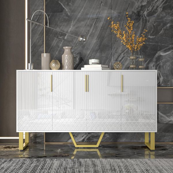 Credenza Lucida Merax 140X40X80 Cm Con 4 Ante, Design Frontale Geometrico, Maniglie E Gambe In Metallo, Cassettiera Per Soggiorno E Corridoio, Bianco-image