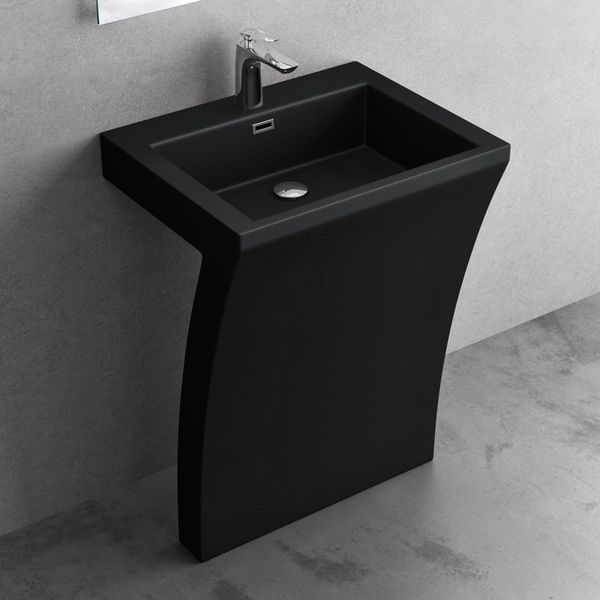 Doporro Lavabo A Colonna Per Bagno Lavabo Freestanding Da Terra Lavandino Monoblocco A Pavimento 60X48X83 Cm Nero, Lavabo Autoportante In Marmo Resina Con Foro Rubinetto E Troppopieno Colossum07-image
