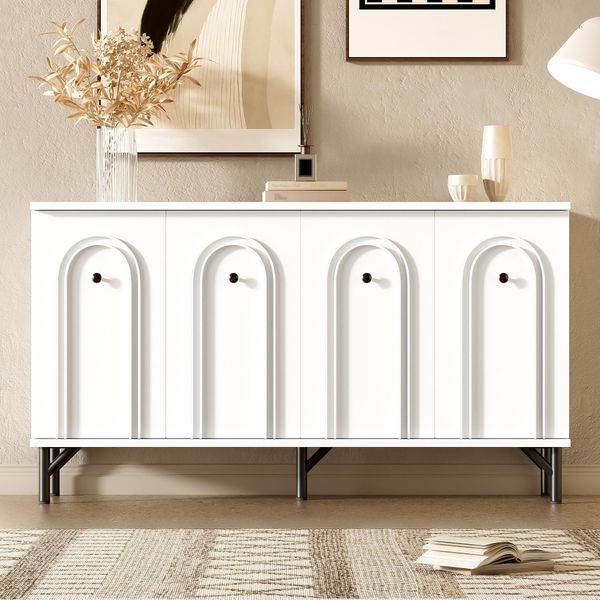 Credenza Merax 140 Cm Con Frontale Curvo 3D, Chiusura Ammortizzata, Ripiani, Spazio Di Archiviazione, Cassettiera Bianco Opaco, Design Moderno, Corridoio Soggiorno Sala Da Pranzo-image