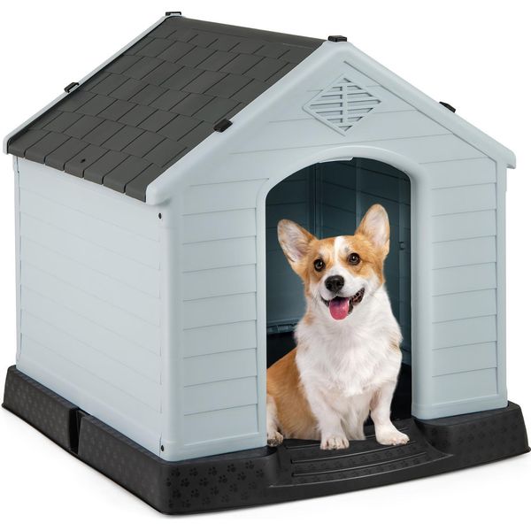 Costway Cuccia Per Cani, Casetta In Plastica Per Cani, Grotta Per Cani Con Pavimento Rialzato E Tetto Impermeabile, Cuccia Per Animali Domestici, Per Giardino 65X70X71,5 Cm Grigio-image