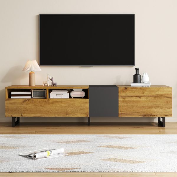 Mobile Tv Merax A 3 Ante E 2 Scomparti, Credenza Tv Bassa Con Gambe A U In Metallo, Mobile Da Soggiorno Con Decoro In Legno Retrò, Grigio Naturale-image