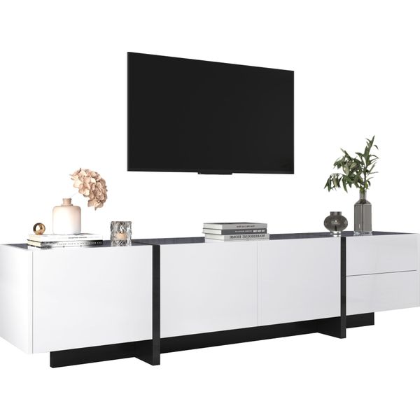 Mobile Tv Fortuna Lai 190 X 45 X 35 Cm, Pannello Basso, Gambe, Ante E Cassetti In Blocchi Di Colore Bianco E Nero-image