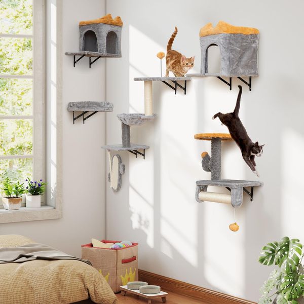 Costway 6 Pcs Parete Di Arrampicata Per Gatti, Parete Tiragraffi A 3 Livelli Con Palla E Piattaforme, 2 Grotte Per Gatti, Amaca, 1 Letto&1 Tiragraffi, Albero Per Gatti Grigio-image