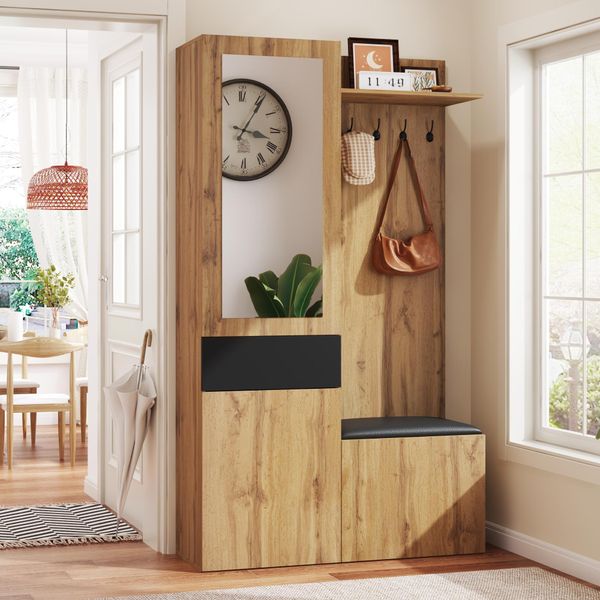 Set Di Armadi Merax Con Specchio, 5 Ganci E Scarpiera, Armadio Da Corridoio Con Panca, Vani Portaoggetti E Armadio A Muro, Armadio In Look Legno Con Ante Nere-image