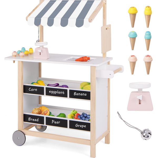 Costway Carrello Dei Gelati Per Bambini Con 6 Gelati, Negozio In Legno Con 2 Ripiani, Carrello Della Spesa Su Ruote, Incl. Bilancia E Campanello, Per Bambini A Partire Da 3 Anni (Grigio)-image
