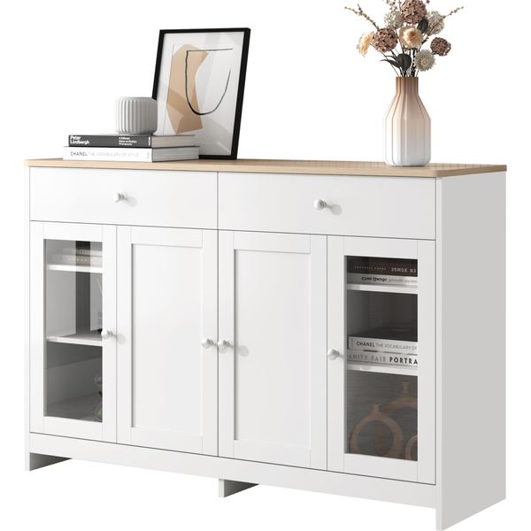 Credenza Da Soggiorno Fortuna Lai Con Anta In Vetro, Credenza Da Soggiorno Con 2 Cassetti E 4 Ante-image