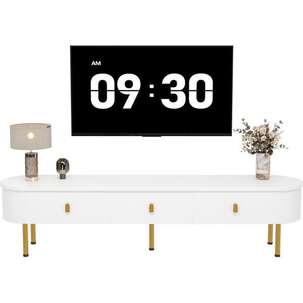 Mobile Tv Fortuna Lai, Credenza Bassa Con Cassetti, Maniglie E Gambe Dorate, Angoli Arrotondati, Bianco-image