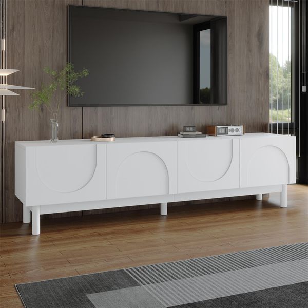 Mobile Tv Merax A 4 Ante, Credenza Tv Bassa Con Ripiani E Spazio Di Archiviazione, Stabile, Mobile Da Soggiorno Senza Maniglie, Mobile Tv Dal Design Elegante, Bianco-image