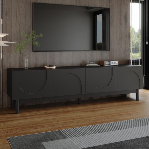 Mobile Tv Merax A 4 Ante, Credenza Tv Bassa Con Ripiani E Spazio Di Archiviazione, Stabile, Mobile Da Soggiorno Senza Maniglie, Mobile Tv Dal Design Elegante, Nero-image