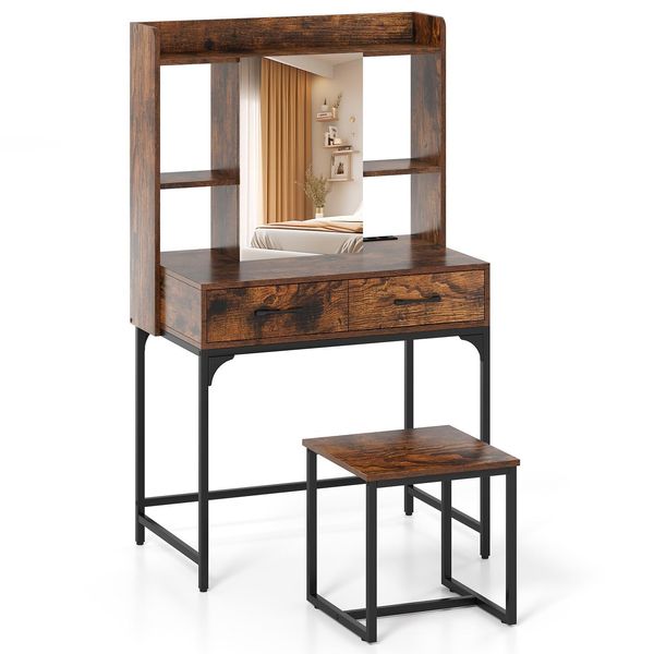 Costway Set Da Toilette Con Sgabello E Specchio, Tavolo Cosmetico Con Stazione Di Ricarica, Cassetti, Scaffali Aperti E Armadietto A Specchio, Scrivania Moderna Marrone-image
